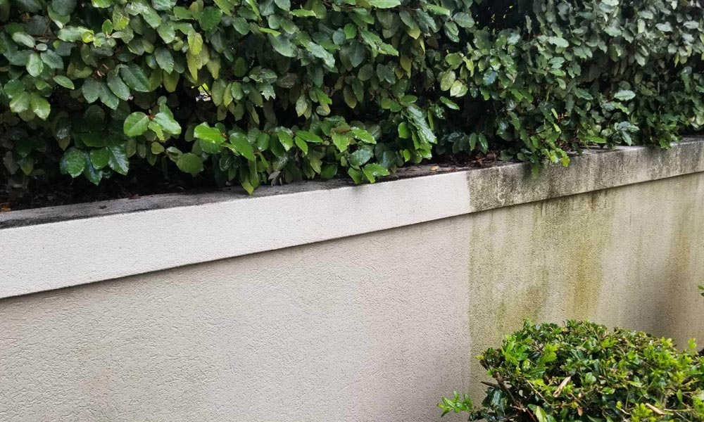 Rough stone wall, dark on the left and cleaned to a lighter color on the right (2018)