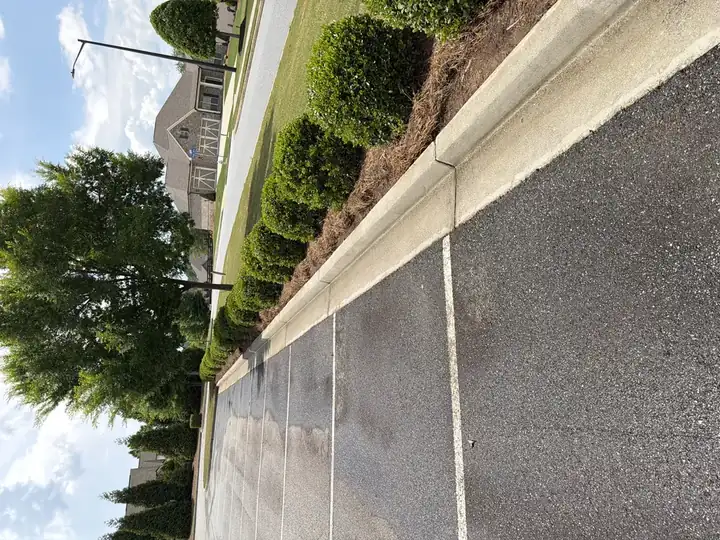 Clean concrete curb edging a commercial parking lot after pressure washing in Canton, GA, with bright white surface visible