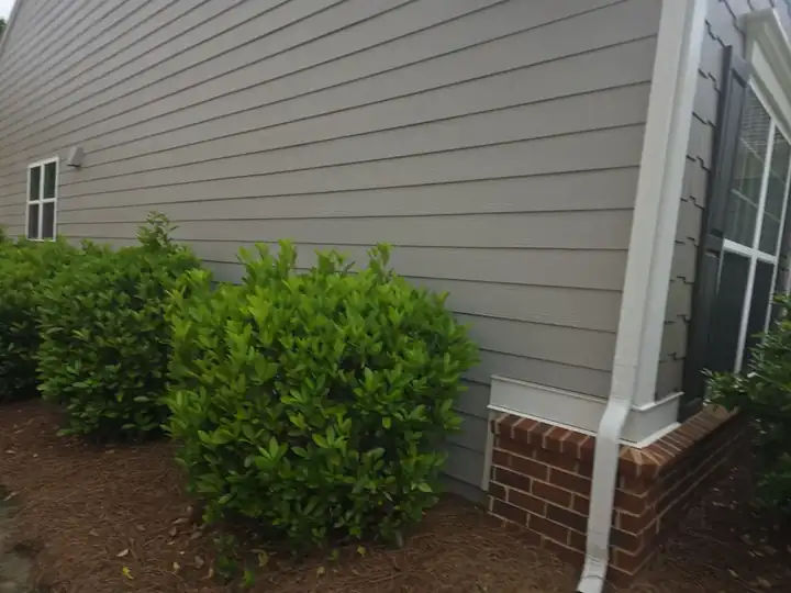 Clean gray vinyl siding and white gutters on a residential home after soft washing in Woodstock, GA