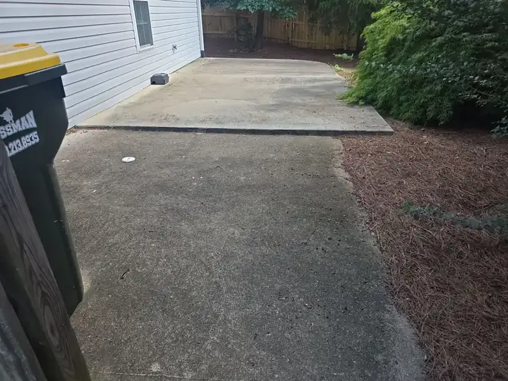 Rear concrete patio and side pad at a Woodstock, GA home showing dark discoloration and organic buildup before cleaning.