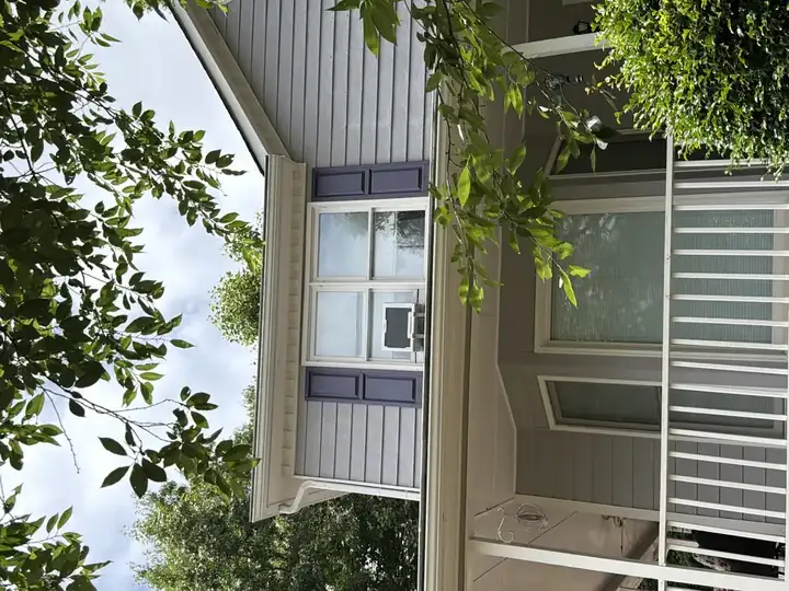 Front upper story of Canton, GA home with gray vinyl siding and purple shutters before house wash, viewed through tree canopy