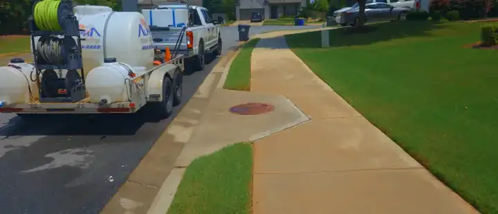 Alpha Pressure Washing truck and trailer alongside a concrete sidewalk during a driveway and sidewalk pressure washing job in Canton, GA.