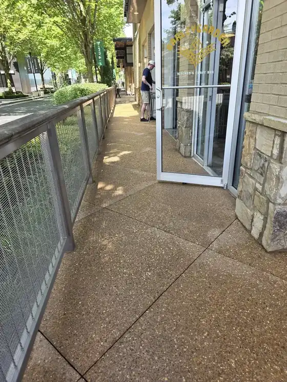 Exposed-aggregate concrete walkway leading to a commercial entrance at a degreasing job in Alpharetta, GA.