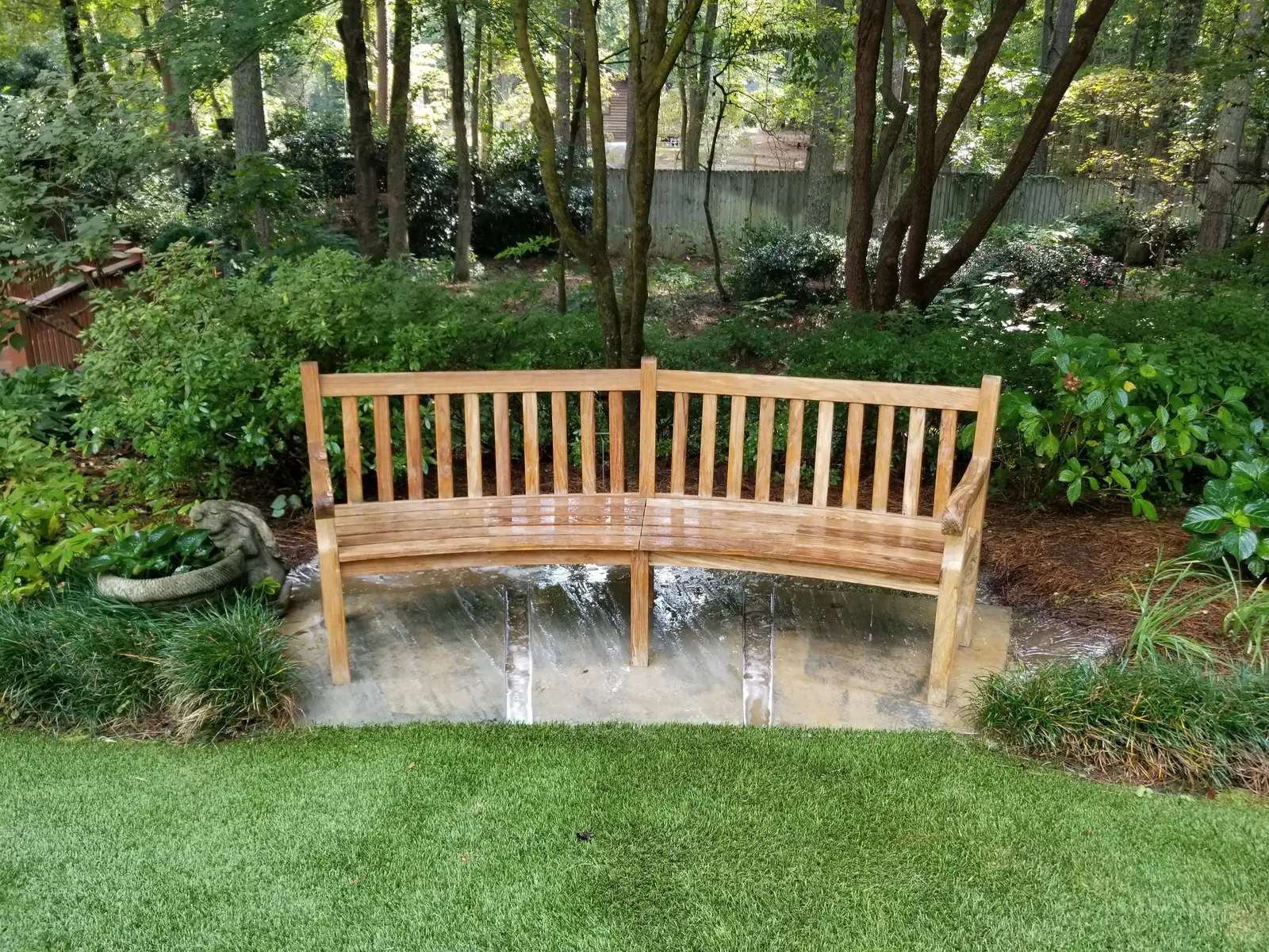 Teak garden bench after cleaning, Mars Hill Acres, Acworth (Cobb County), GA (Sep 2018)