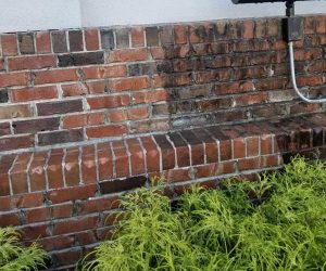 red-brick wall before and after pressure washing